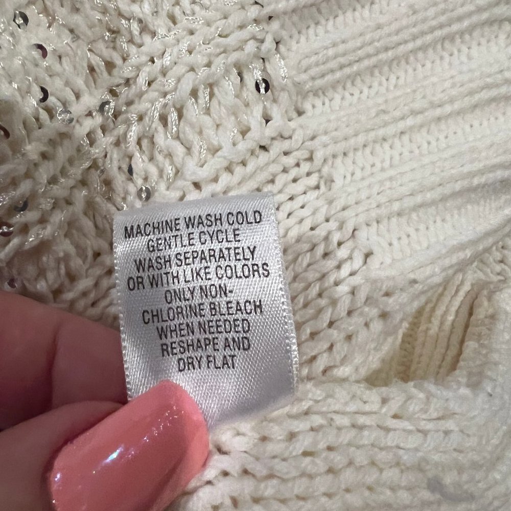 Studio Works Cream & Silver Turtleneck Sparkle Cable Knit Sweater, Size Small - Picture 7 of 7